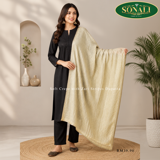 Soft Crepe Dupatta with Gold  Zari Stripes