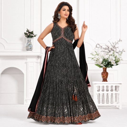Midnight Black Embellished Anarkali Gown - LSK799