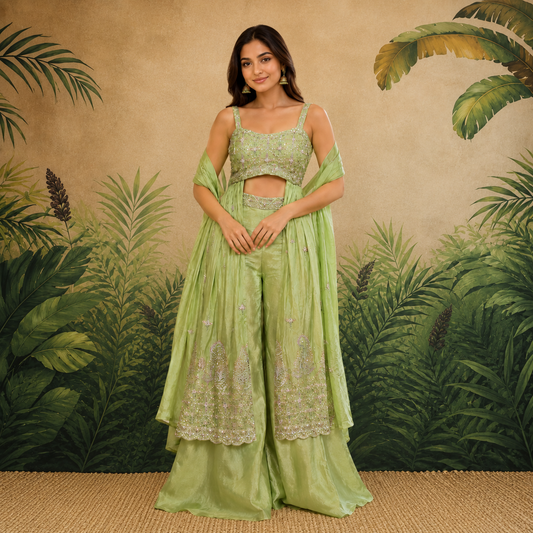 Sage Bloom Embellished Cape Set – LSK599