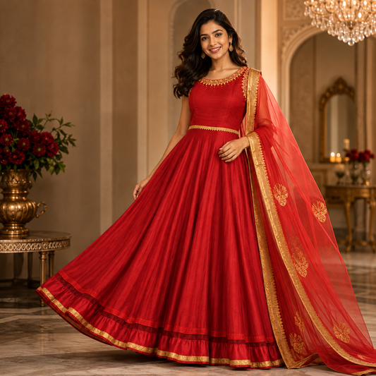 Ruby Red Flare Gown with Dupatta – LSK579