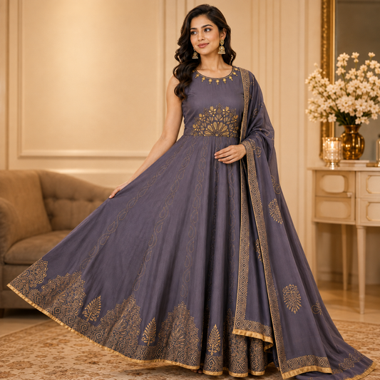 Dusty Mauve Gold-Print Flare Gown with Dupatta – LSK399