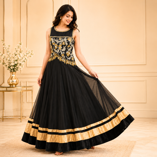 Elegant Black & Gold Embroidered Flare Gown – LSK599