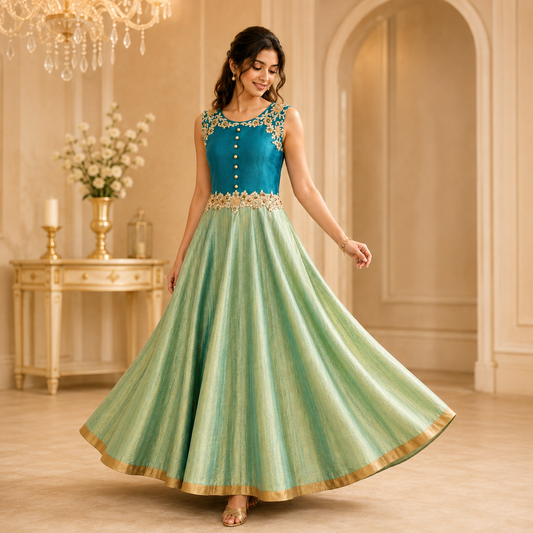 Teal & Mint Two-Tone Flare Gown – LSK559