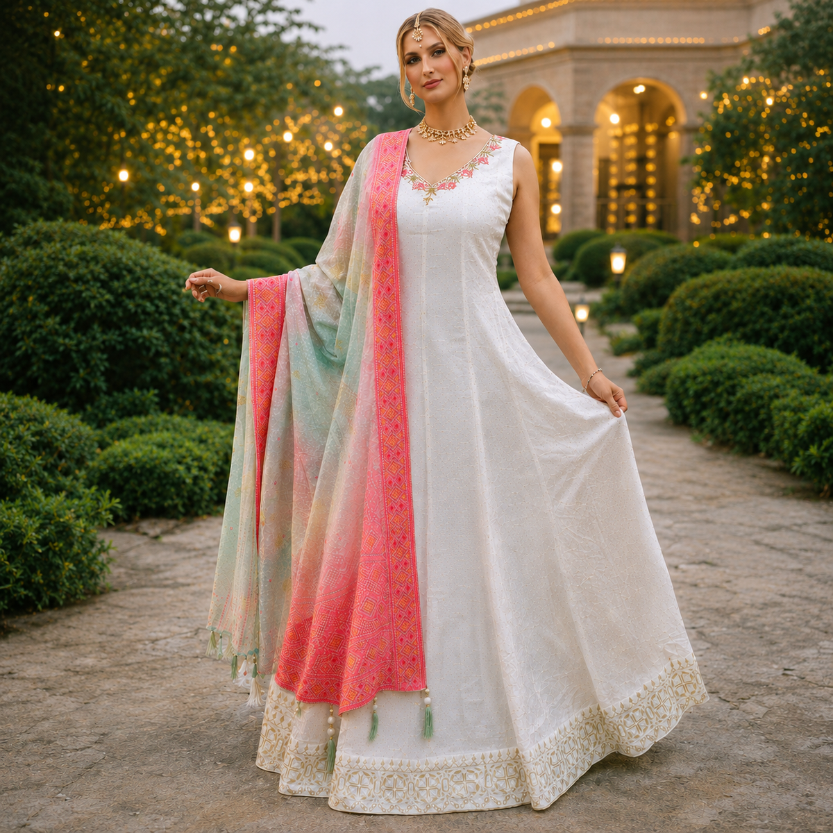 Ivory Pastel Dupatta Flare Gown – GW001