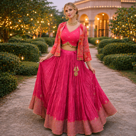 Fuchsia Pink Flair Lehenga Set with Jacket - TS08