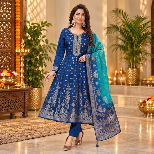 Ladies' Royal Blue Embroidered Anarkali Suit with Teal Dupatta – Q2009