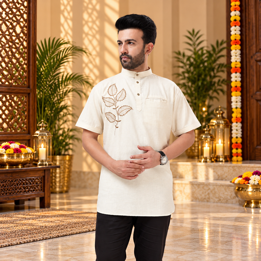 Men's Elegant Ivory Floral Embroidered Short Sleeve Kurta – Q2022