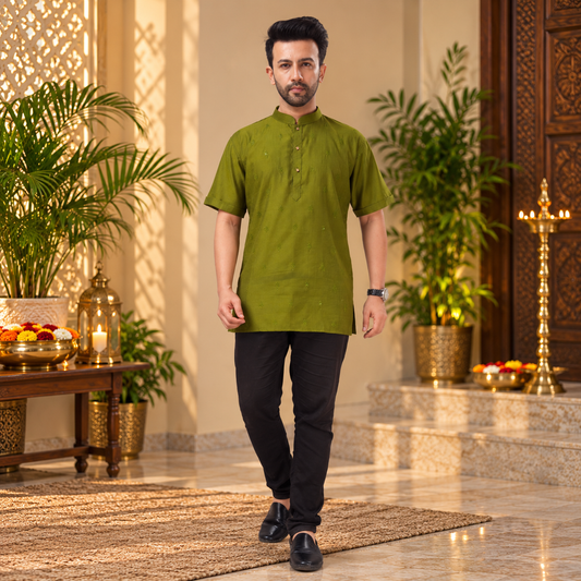 Men's Elegant Olive Green Embroidered Short Sleeve Kurta – Q2008