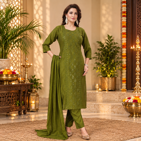 Ladies' Elegant Olive Green Embroidered Suit Set – Q2007