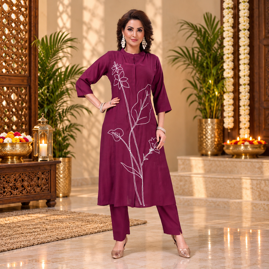 Ladies' Elegant Plum Floral Kurti & Pant Set – Q2012