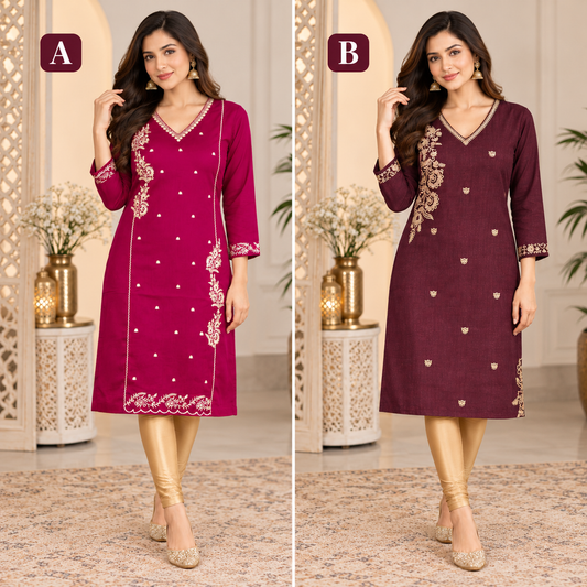 Elegant Floral Embroidered Kurti – V Neck Long Top – LJE139