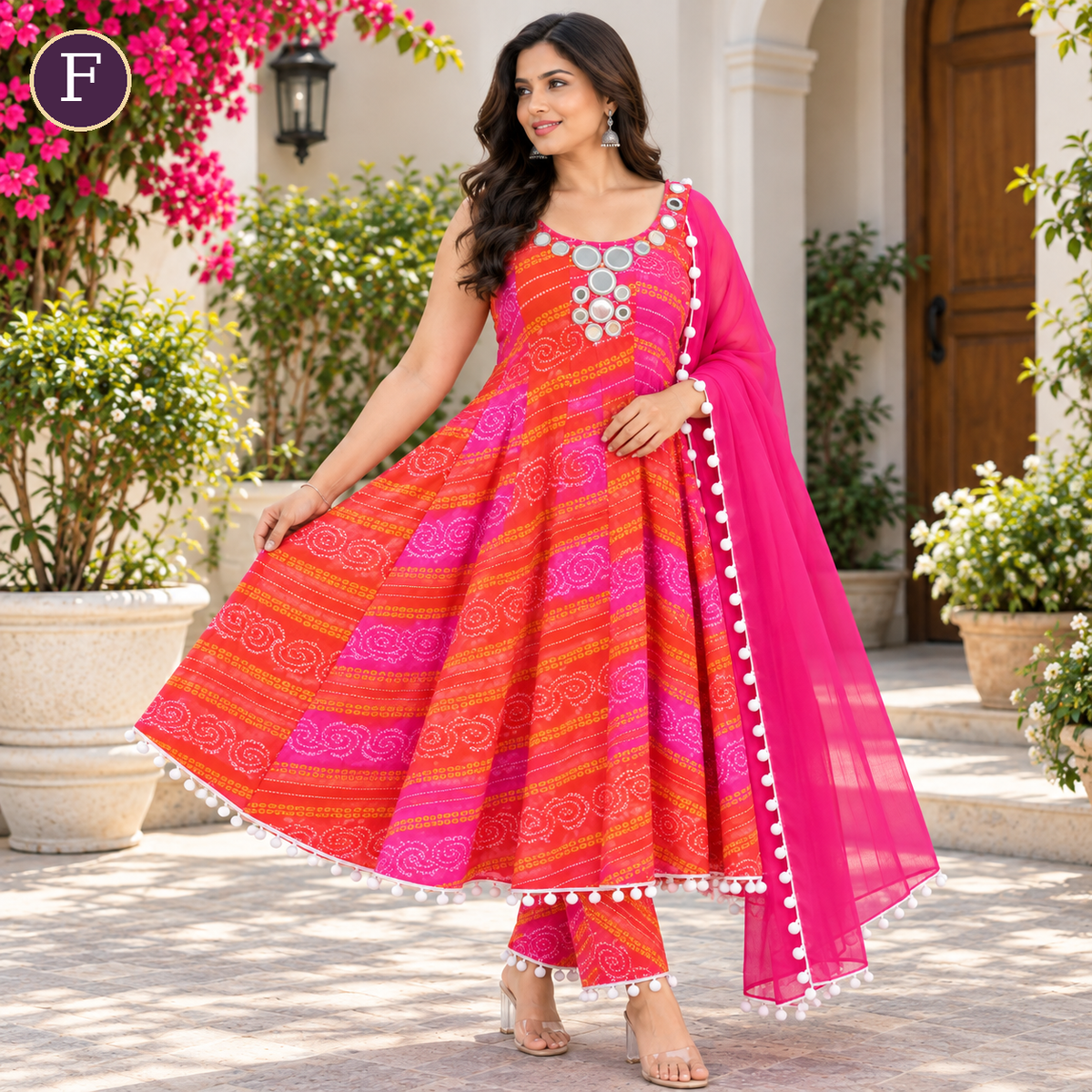 Women's Designer Bandhani Anarkali 3-Piece Suit Set with Dupatta – LSK239