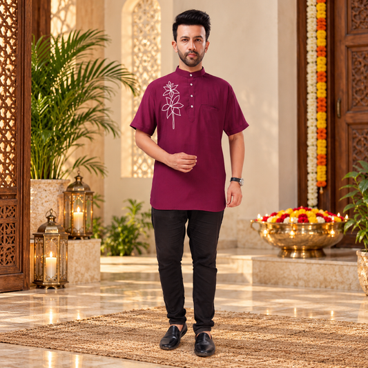 Men's Elegant Plum Floral Embroidered Short Sleeve Kurta – Q2011