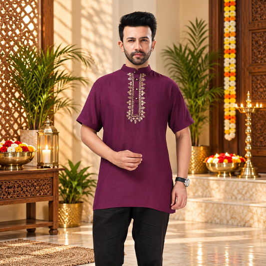 Men's Elegant Plum-Coloured  Embroidered Short Sleeve Kurta – Q2018