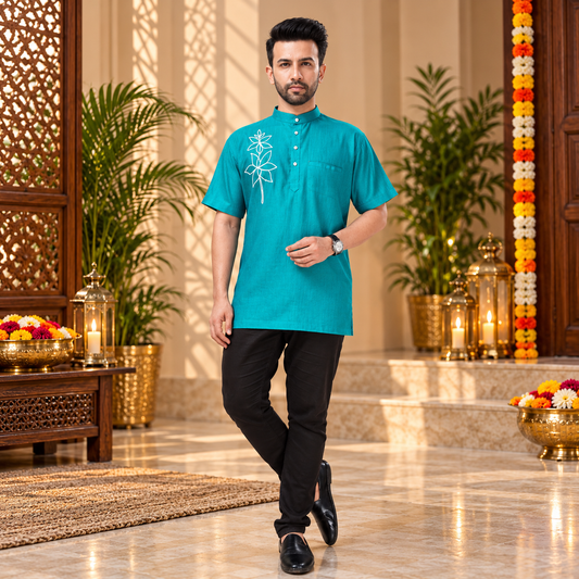 Men's Elegant Teal Blue Floral Short Sleeve Kurta – Q2013