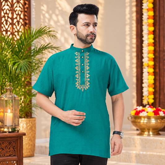 Men's Elegant Teal Green Gold Embroidered Short Sleeve Kurta – Q2016