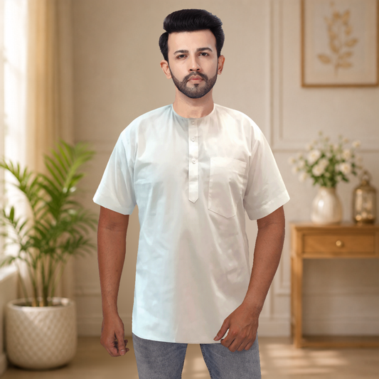 Men White Cotton Chest Pocket Short sleeves Kurta Shirt Q1376