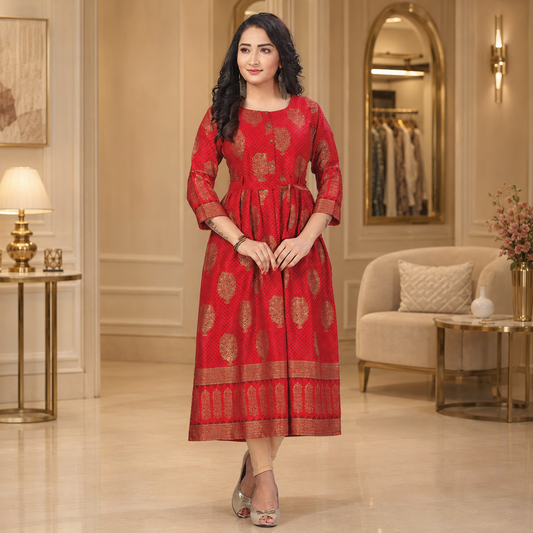 Red Gold Motif A-Line Maxi Dress – Q1382