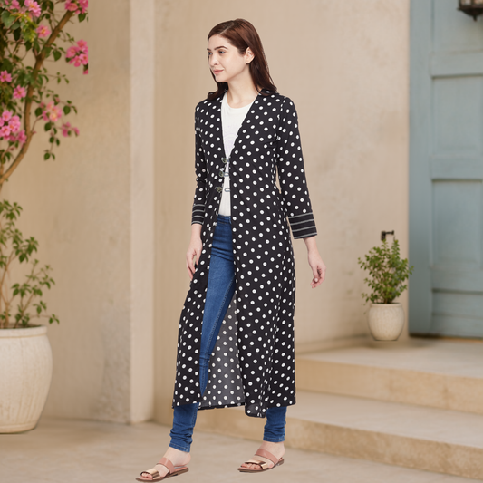 Sonali Premier Quality Black with white dots Ladies/Women-Long Overcoats Q1395A