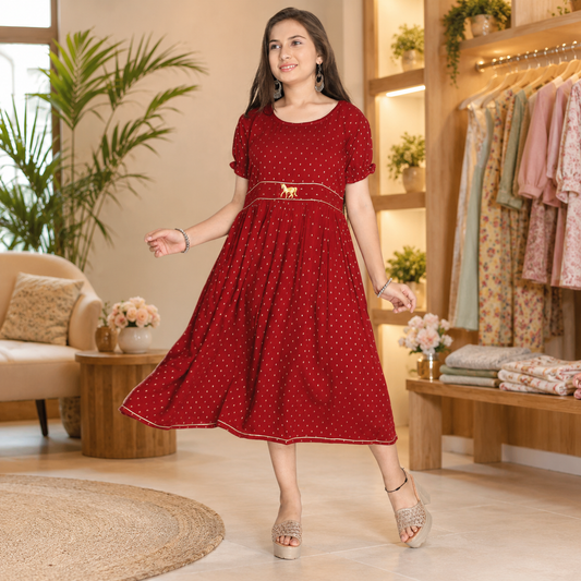 Girls’ Maroon Rayon Gold-Dot Flared Dress - Q1413