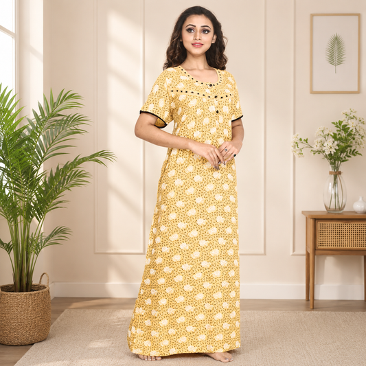 Women Yellow Rayon Hand Washable Maxi Night Housecoat Sleepwear Q1513