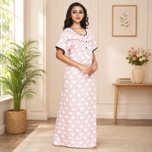 Women Pink Rayon Hand Washable Maxi Night Housecoat Sleepwear Q1514