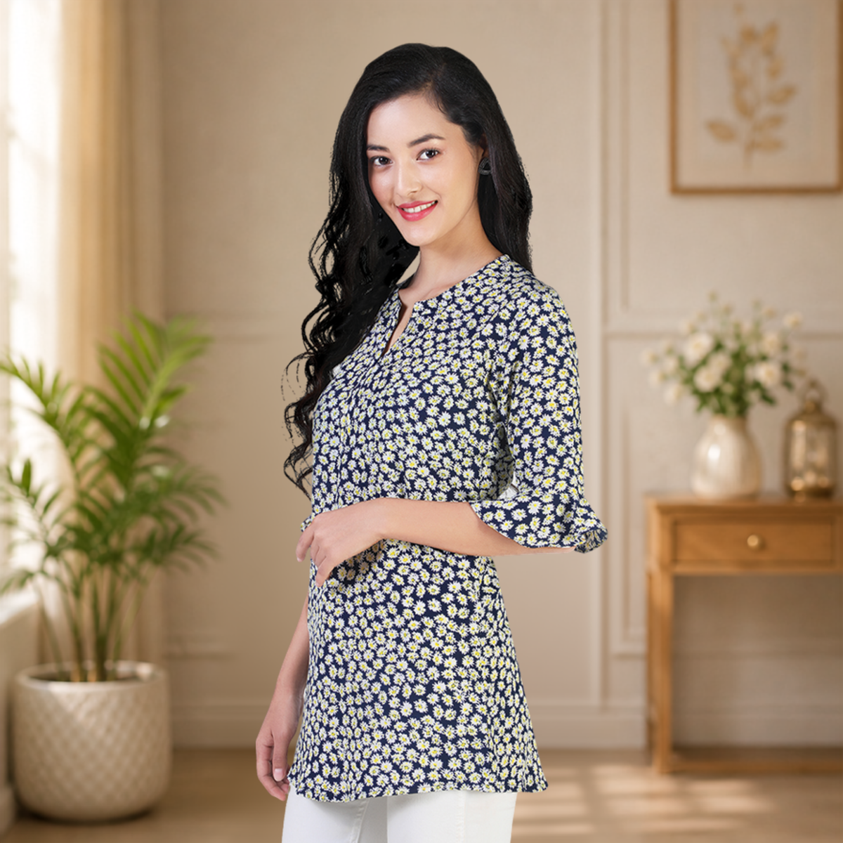 Sonali Women Black White Floral Soft Cool Kurtis / Short Plus Size Jippa Top Kurti Wanita Warna Putih Black Floral Q1617