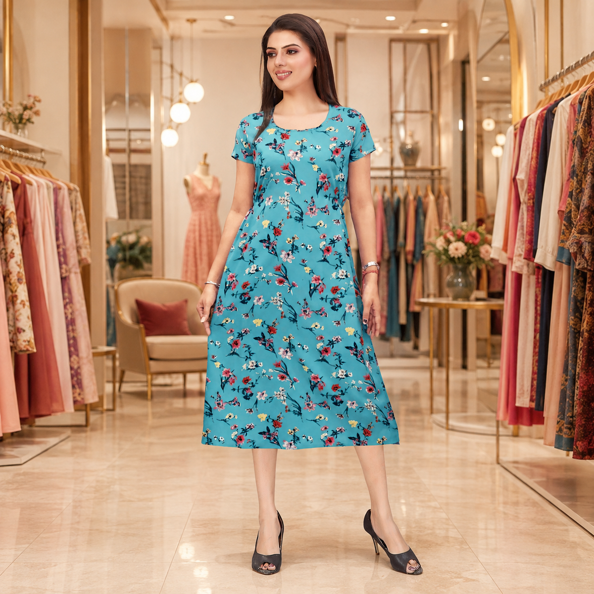 Turquoise Floral Midi Dress – Q1622