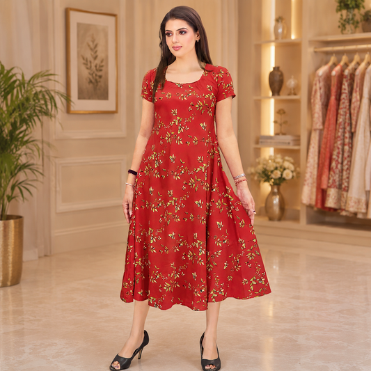 Red Scarlet Floral Flare Dress – Q1623