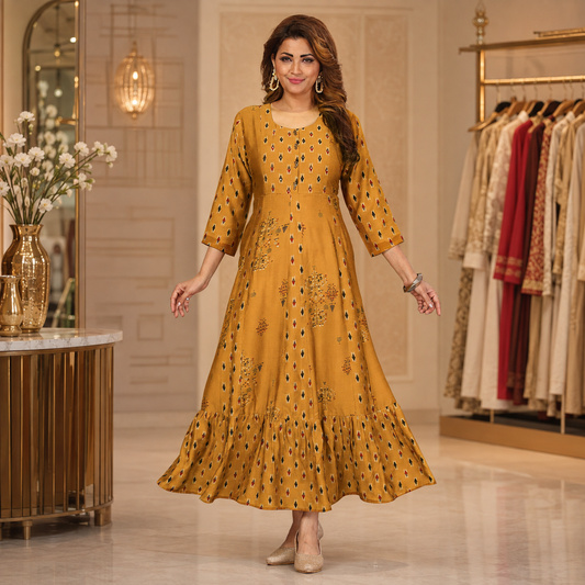Mustard Printed Tiered Maxi Dress – Q1647