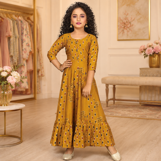 Girls’ Mustard Printed Flared Maxi Dress - Q1650