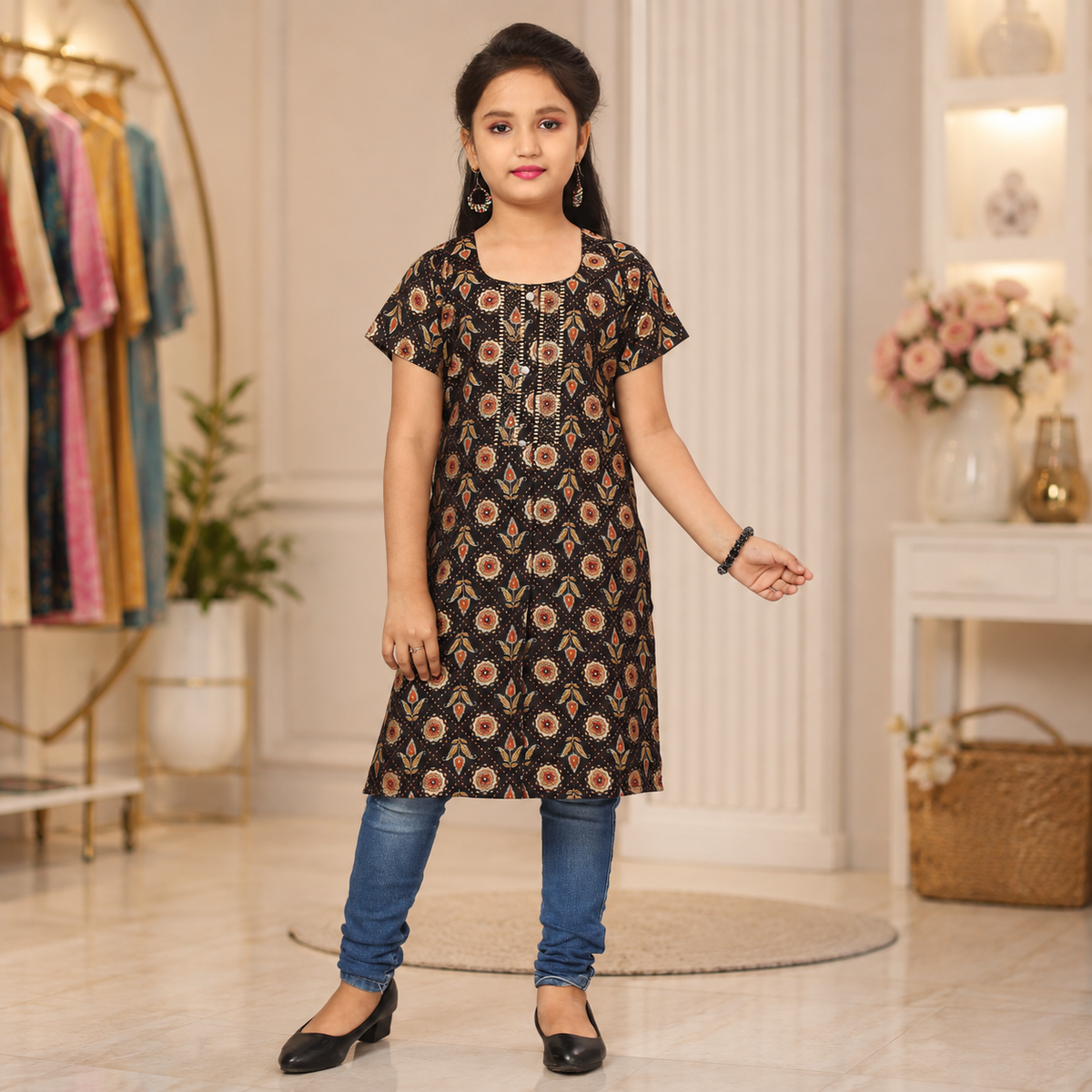 Girls’ Black Ethnic Printed Straight Kurti – Q1659
