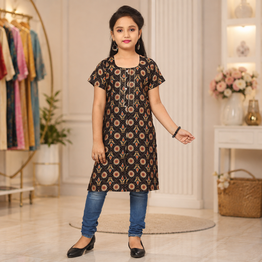 Girls’ Black Ethnic Printed Straight Kurti – Q1659