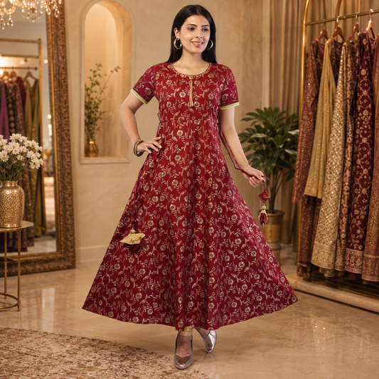 Maroon Floral Flared Maxi Dress – Q1692A