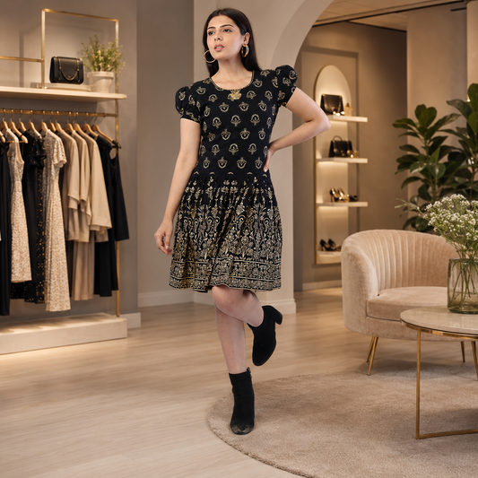 Black & Gold Printed Fit-and-Flare Dress – Q1693
