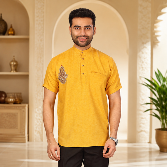 Mustard Embroidered Men’s Short Kurta – Q1716
