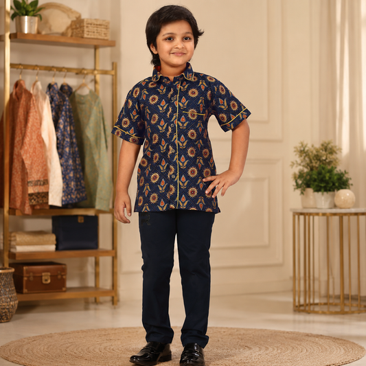 Boys’ Navy Blue Ethnic Printed Shirt – Q1764
