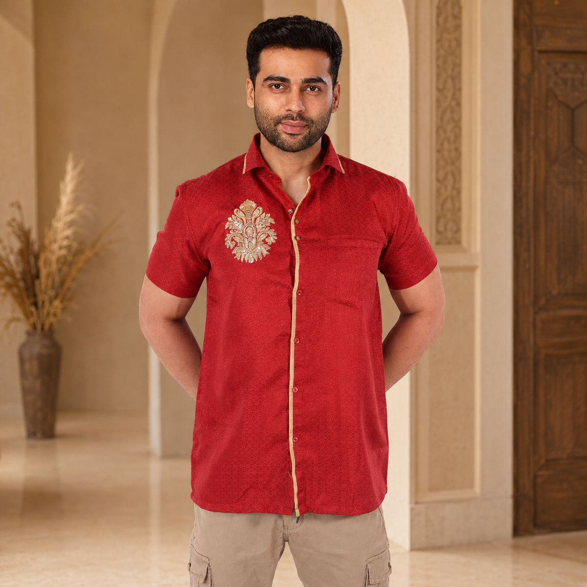 Red Embroidered Men’s Short Shirt – Q1789