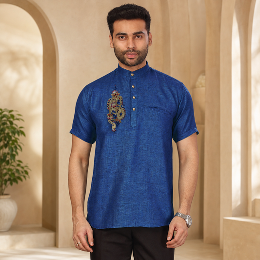 Royal Blue Embroidered Men’s Short Kurta – Q1790