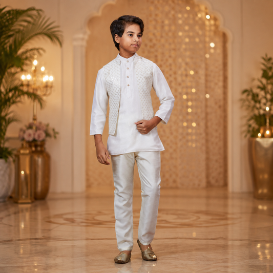 Boys’ Premium White Kurta Set (Top & Pants) – Q1804C, Sequins Jacket – Q1804A