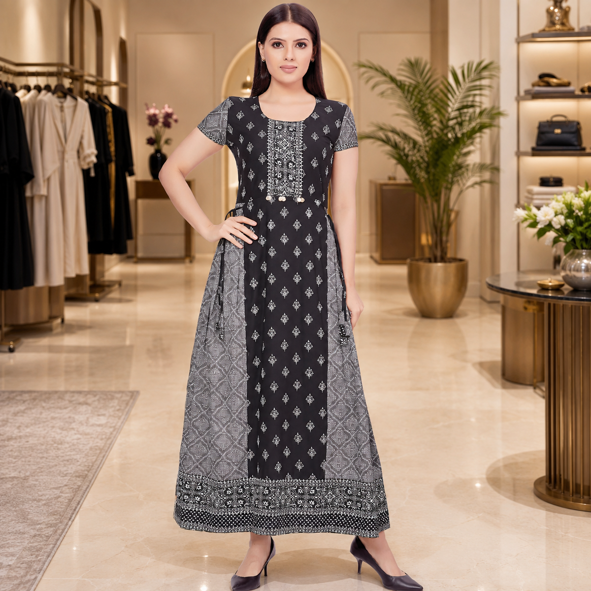 Black & Grey Printed Maxi Dress – Q1827