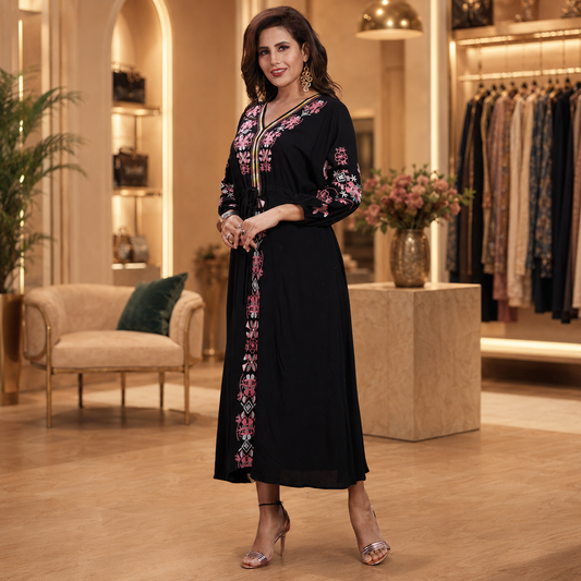Black Floral Embroidered Maxi Dress – Q1855