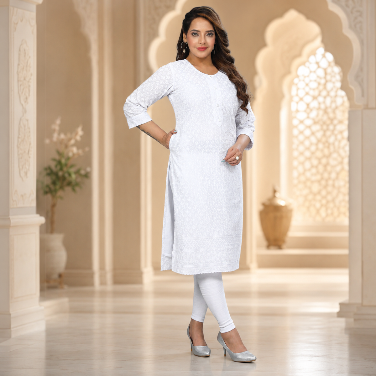 White Chikankari Long Top – Q1920