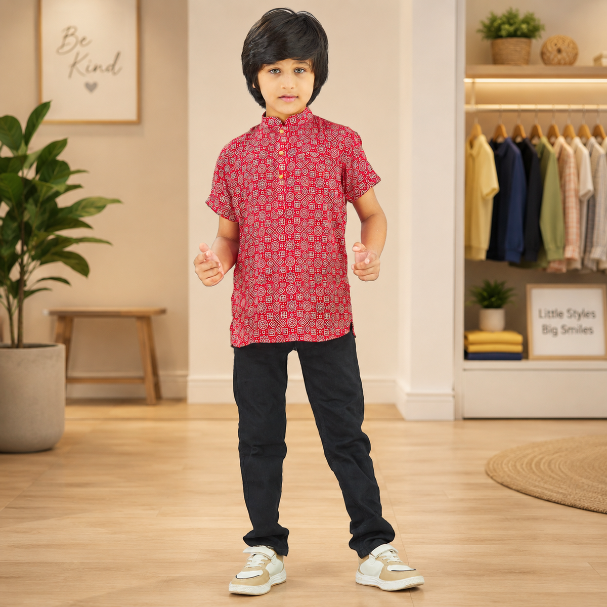Boys’ Red Ethnic Print Short Kurta – Q1945