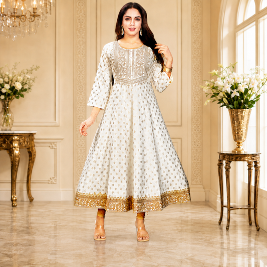 White Gold Printed Anarkali Dress – Q1967