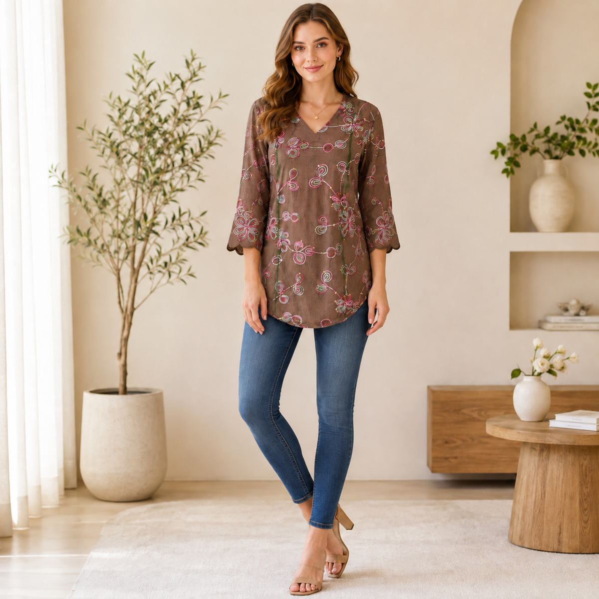 Floral Mocha Brown Embroidered V-Neck Tunic Top