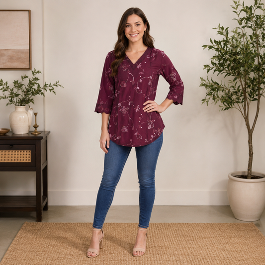 Floral Maroon Embroidered V-Neck Tunic Top – Q1987