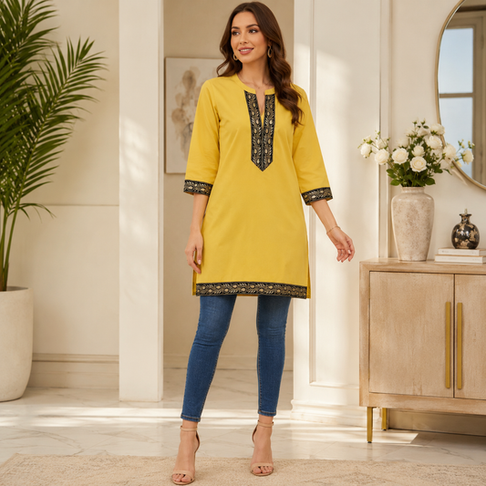 Mustard Yellow Lace Embroidered Long Kurti – Q1988