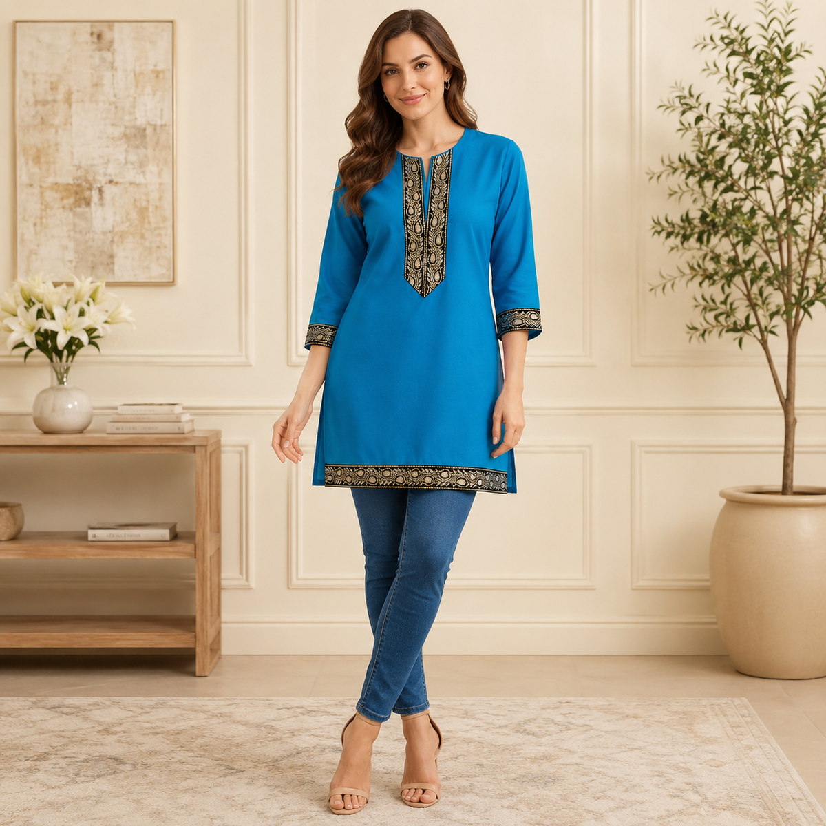 Royal Blue Lace Embroidered Long Kurti – Q1989