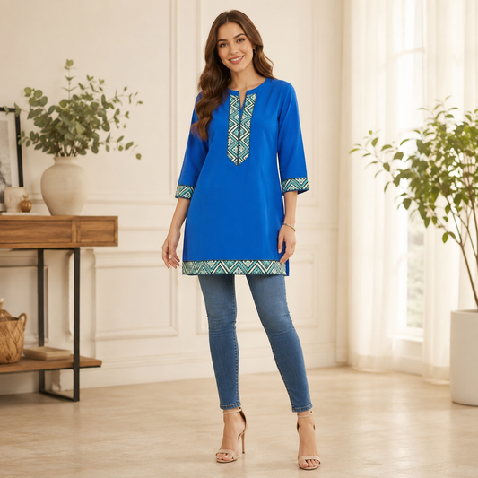 Cobalt Blue Geometric Lace Border Long Kurti – Q1990